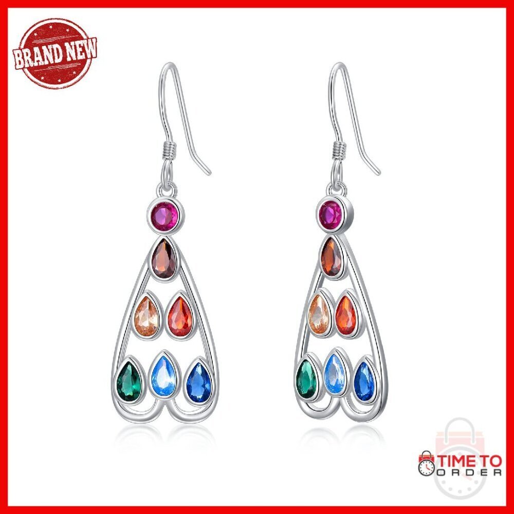 Sterling Silver 7 Chakra Heart Dangle Earrings Hypoallergenic
